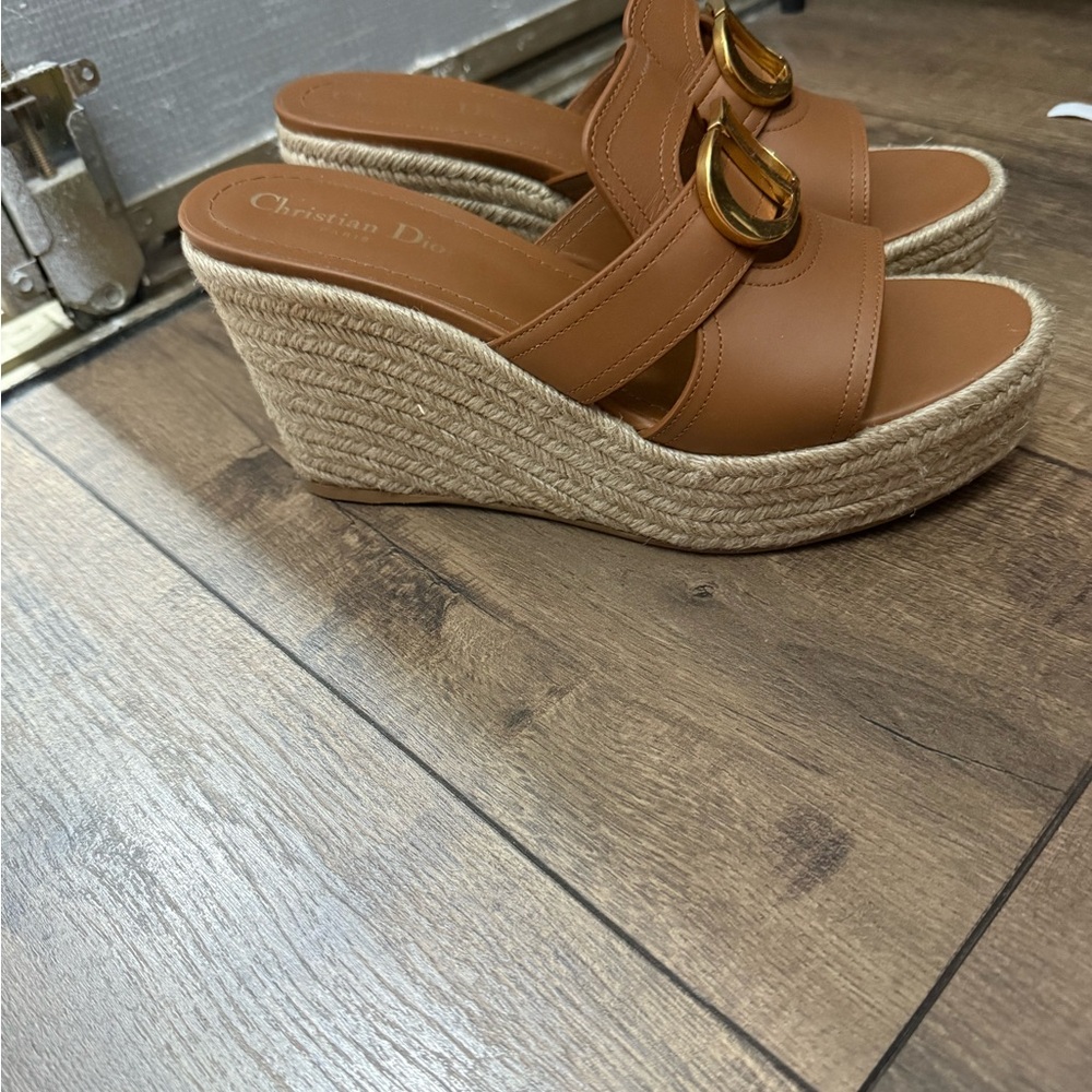 Dior Brown Gold Wedge Sandals - Picture 2 of 6